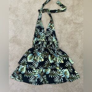 Tropical Print Backless High Tie Neck Mini Dress